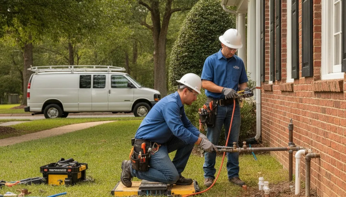 Raleigh NC plumber repairing a plumbing system for residential service
